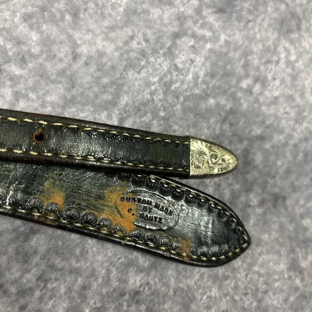 Vintage Custom C. Gantz Western Tooled Leather Belt Ornate Buckle Size 38